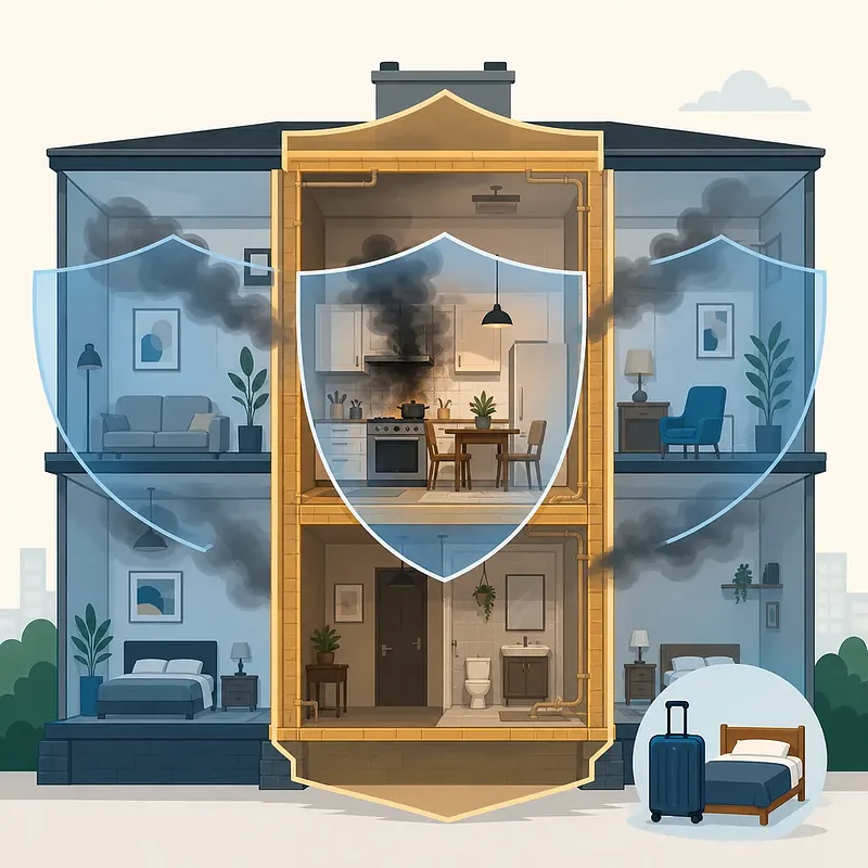 Corte de un edificio con humo, escudos sobre la vivienda central, una maleta y una cama