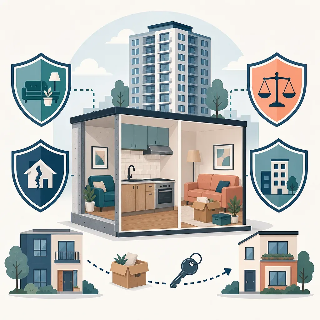 Apartment interior, moving box, key, homes, and shield icons representing insurance coverage
