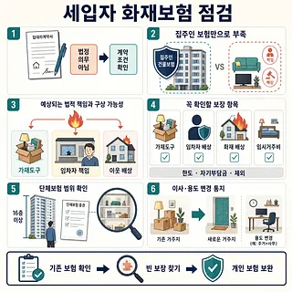 세입자 화재보험의 계약 조건, 책임, 보장 항목, 단체보험과 변경 통지를 정리한 6단계 인포그래픽