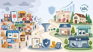 Ilustración vectorial de negocios iniciales que pasan por un filtro hacia empresas estables