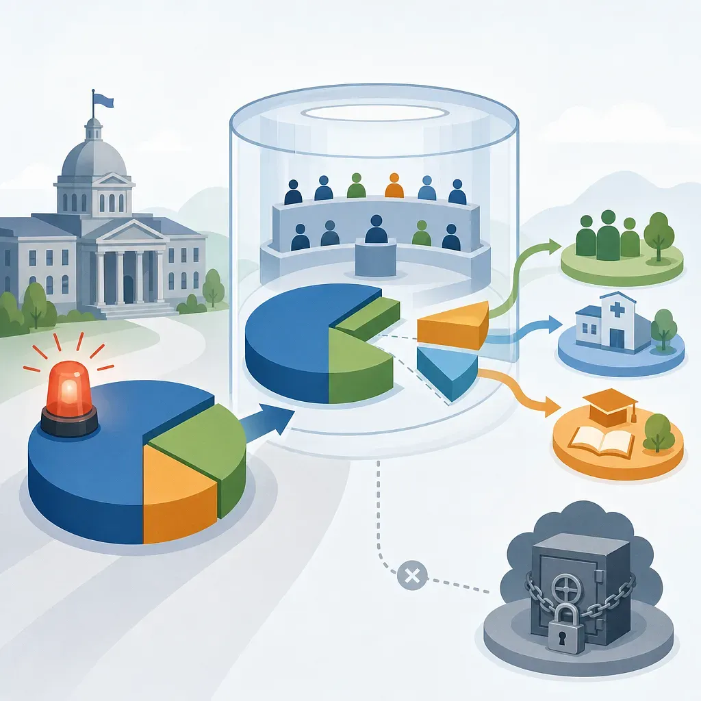 Budget pie charts with a warning light, government building, public services, and a locked safe