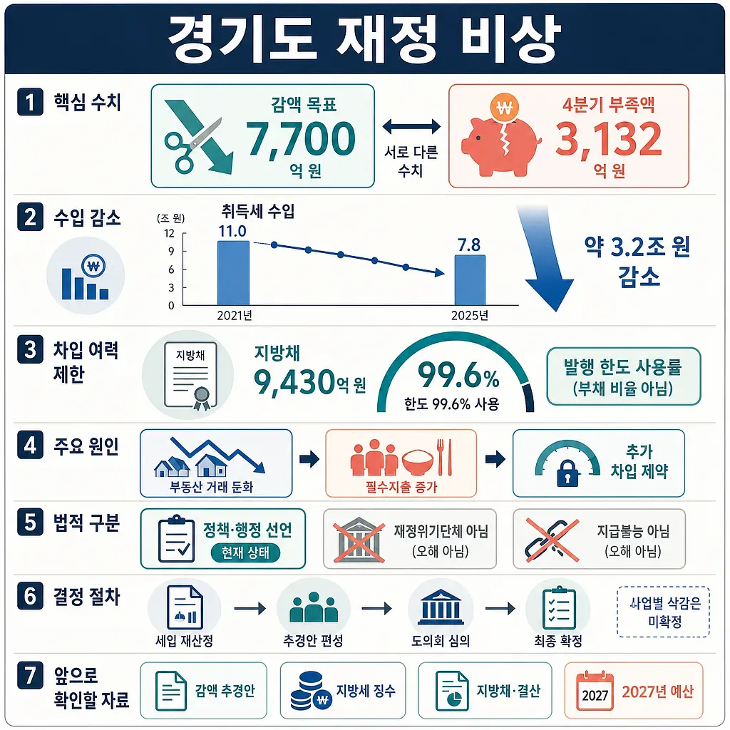 7,700억 원 감액 목표와 세입 감소, 지방채 한도를 정리한 경기도 재정 비상 인포그래픽