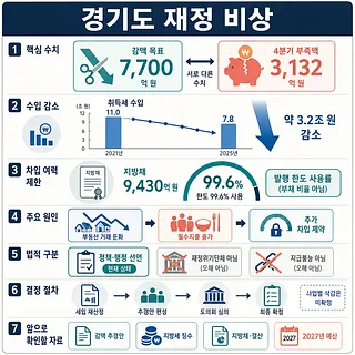 7,700억 원 감액 목표와 세입 감소, 지방채 한도를 정리한 경기도 재정 비상 인포그래픽