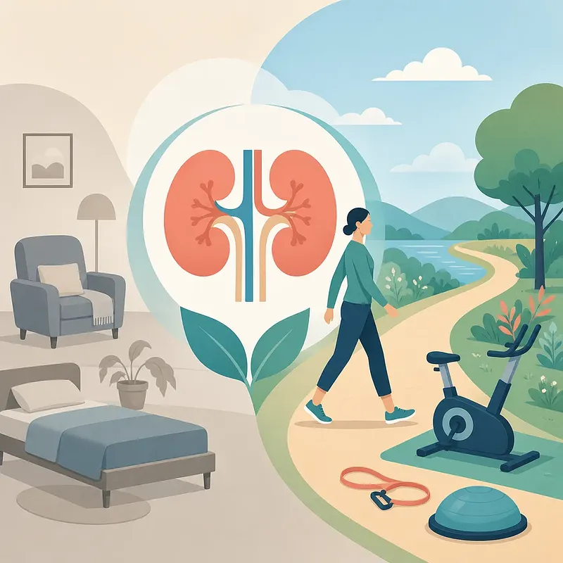 Illustration of a bed, armchair, kidneys, a walking person, and exercise equipment