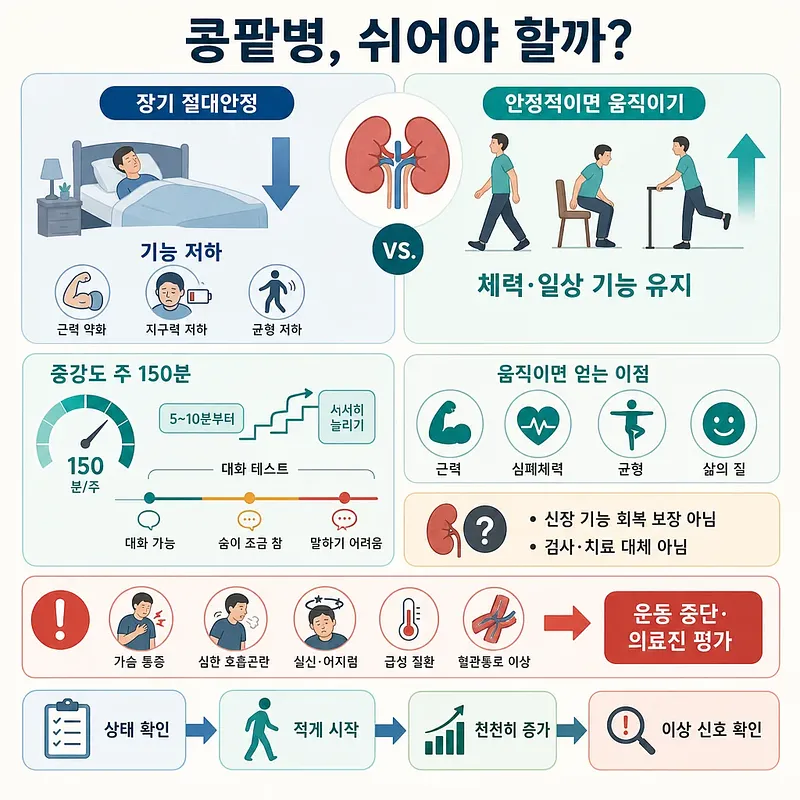 콩팥병 환자의 장기 절대안정과 안전한 운동을 비교하고 운동량·중단 신호를 안내하는 인포그래픽