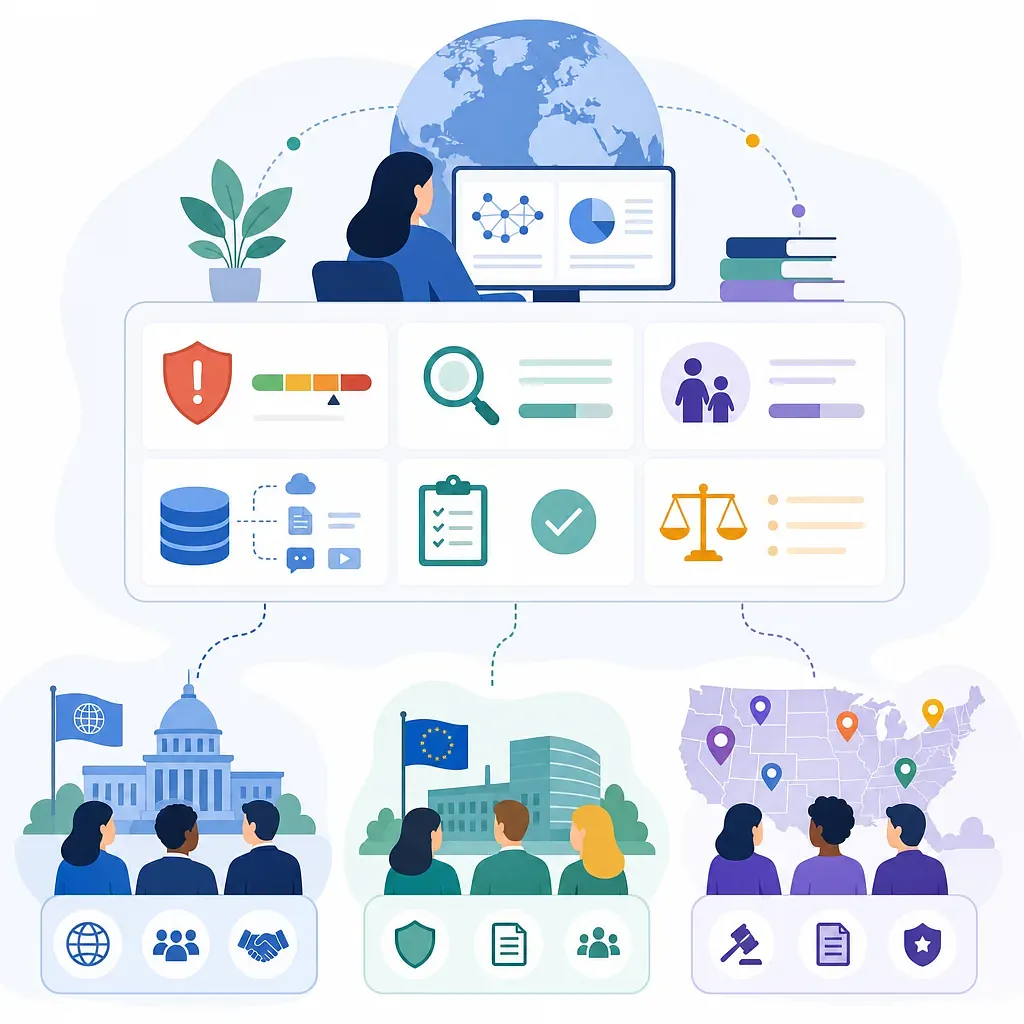 Global AI regulation dashboard with UN, EU, and U.S. state rule panels