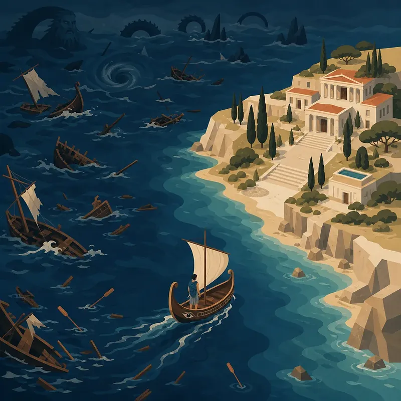 Lone sailor steering toward a coastal palace through a dark sea strewn with shipwrecks