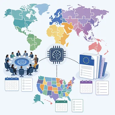 Mapa mundial en piezas de rompecabezas con chip de IA, reunión de la ONU, archivos de la UE y mapa de EE. UU.