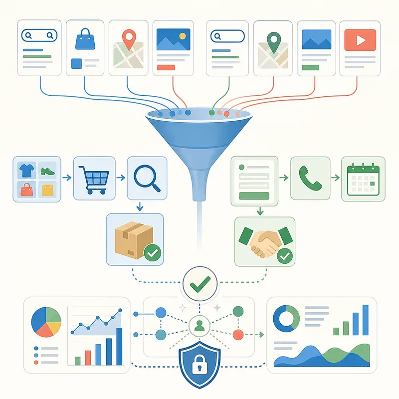 Funnel combining search, shopping, map, content, and video ads into purchase and lead conversions