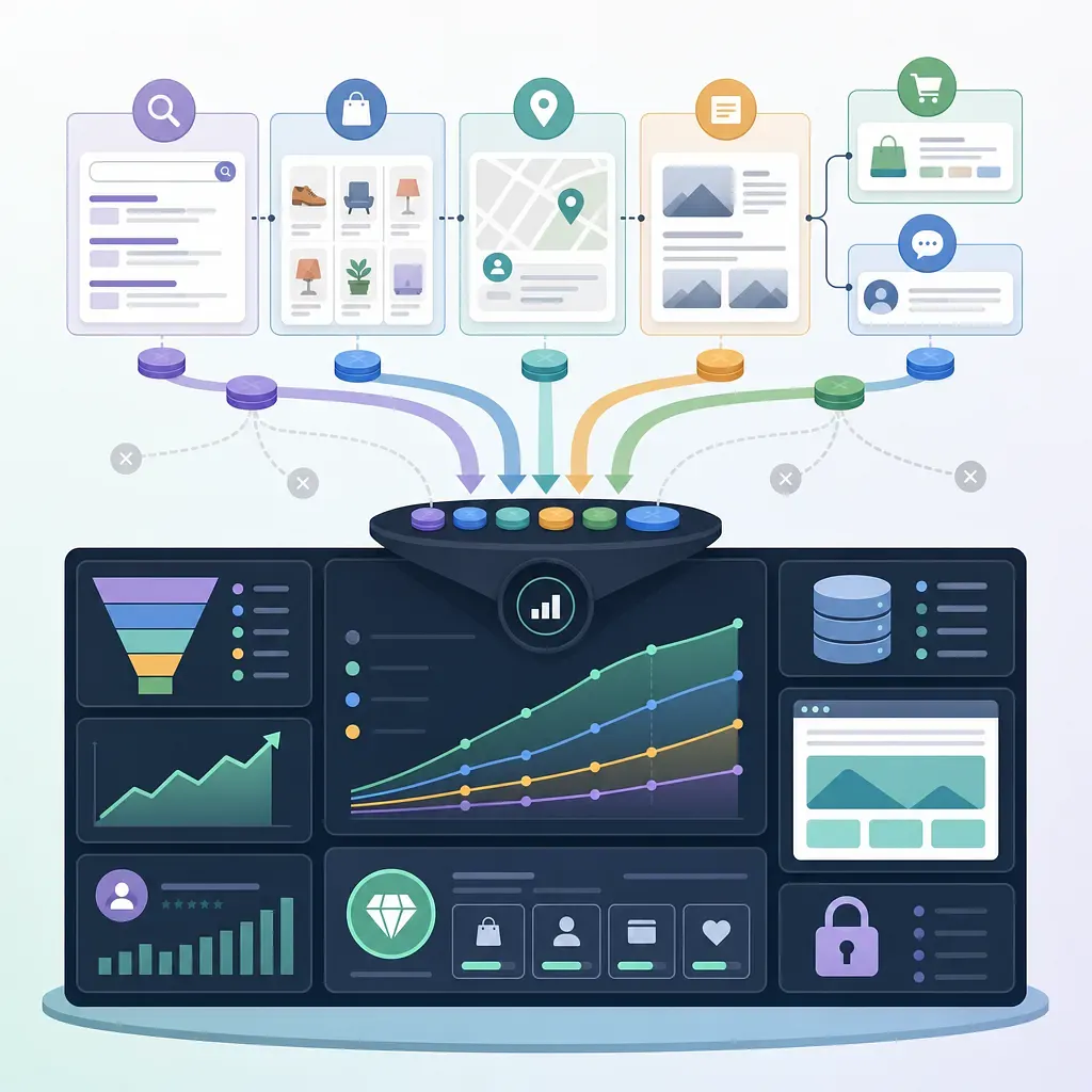 Advertising dashboard combining search, shopping, maps, content, cart, and chat data