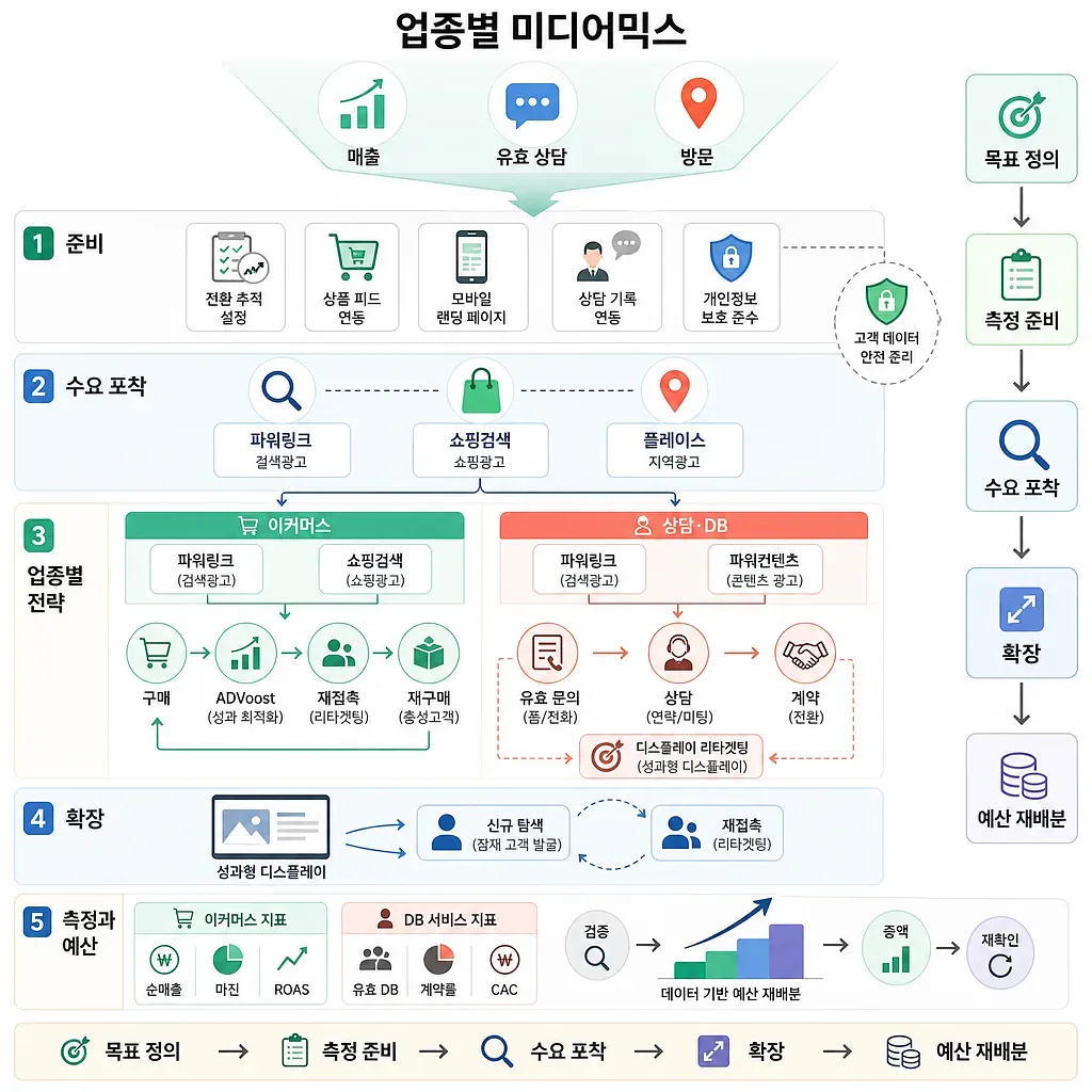 Five-step media mix for e-commerce and consultation/DB, from goal setting to budget reallocation