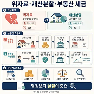이혼 위자료와 재산분할의 차이, 부동산 이전·취득·매각 세금 흐름을 비교한 인포그래픽