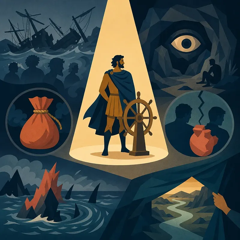 Odysseus at the helm amid shipwrecks, monsters, and divided companions
