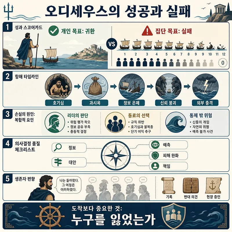오디세우스의 귀환과 부하 전원 상실 원인을 도표로 정리한 한국어 인포그래픽