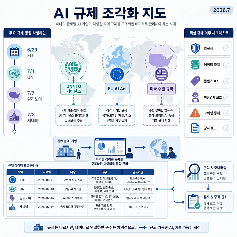 2026년 7월 AI 규제 조각화 지도와 UN, EU, 미국 주별 규칙 비교 인포그래픽