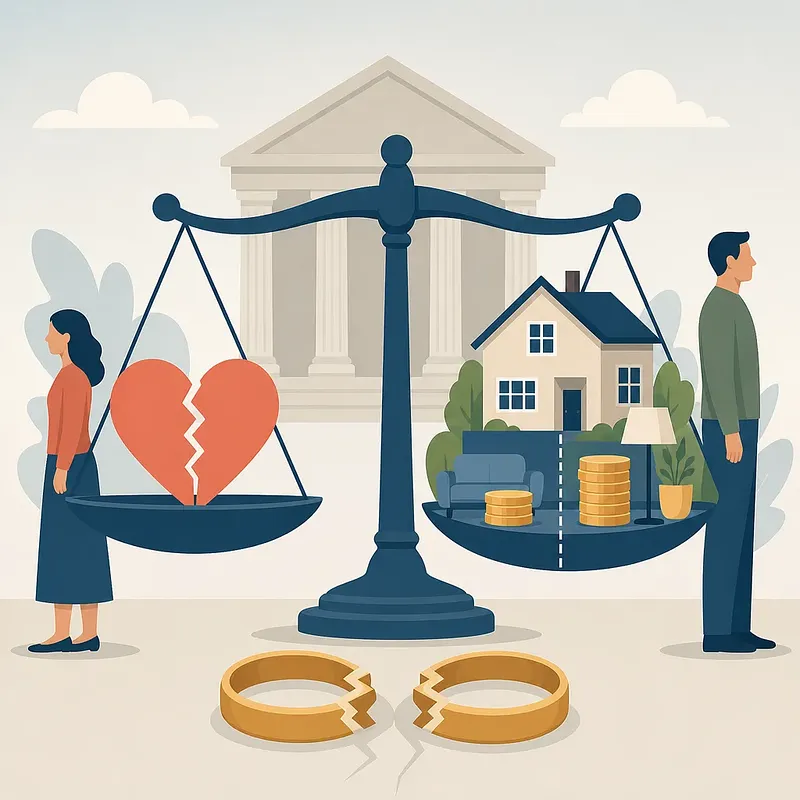 裁判所前の天秤に割れたハートと家・家具・硬貨が載り、夫婦が両側に立つイラスト