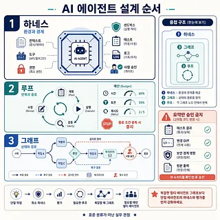 AI 에이전트 설계 순서를 하네스, 루프, 그래프 3단계와 승인 점검표로 설명한 인포그래픽