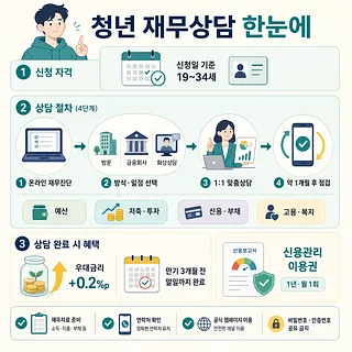 19~34세 청년 재무상담의 신청 자격, 4단계 절차, 우대금리와 신용관리 혜택을 정리한 인포그래픽