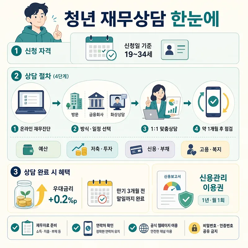 19~34세 청년 재무상담의 신청 자격, 4단계 절차, 우대금리와 신용관리 혜택을 정리한 인포그래픽