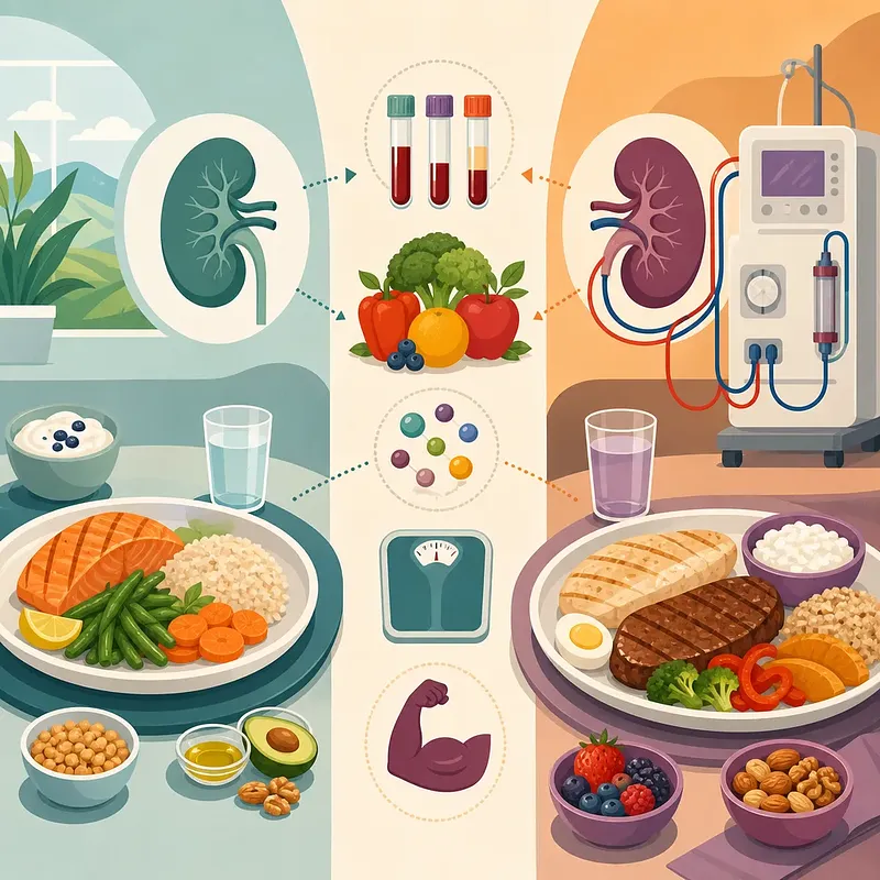 Kidneys, a dialysis machine, blood samples, and varied balanced meals in a health illustration