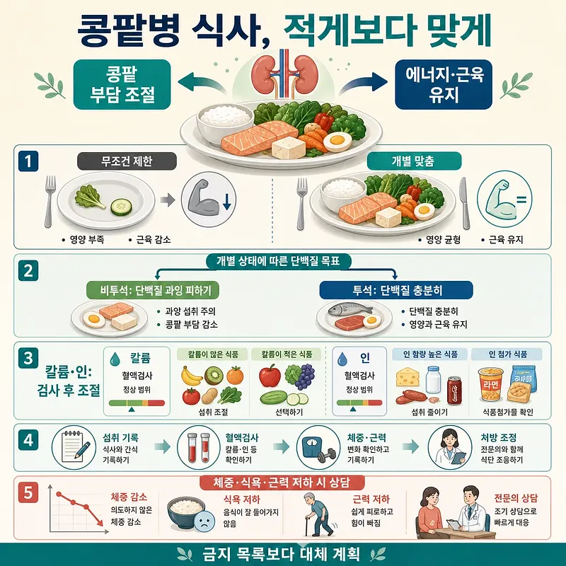 콩팥병 식사는 무조건 제한하지 말고 검사와 상태에 맞춰 조절하라는 5단계 영양 안내