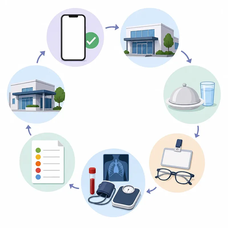 Circular health screening process with booking, preparation, ID, tests, and results