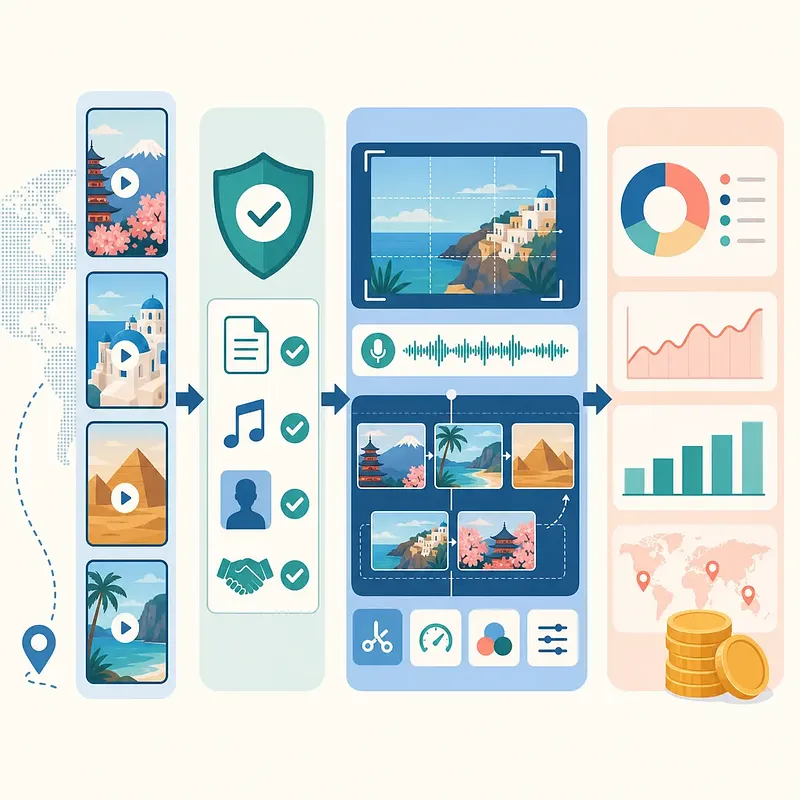 Flujo con clips de viajes, verificación de derechos, edición de Shorts, análisis y monetización