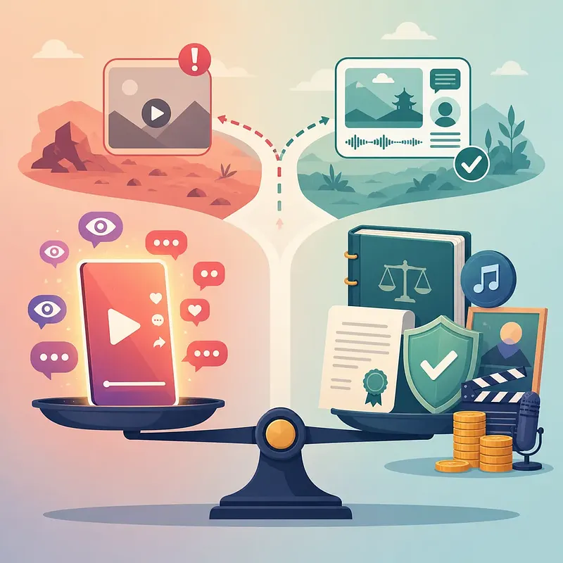 Illustration of a scale balancing a playing smartphone against copyright, protection, and revenue symbols