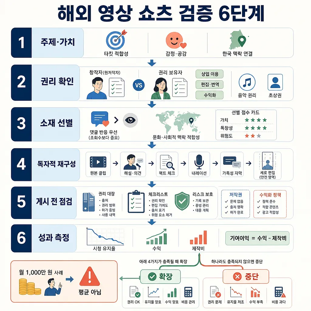 해외 영상 쇼츠의 주제·가치, 권리, 소재, 재구성, 게시 전 점검, 성과 측정을 정리한 6단계 인포그래픽