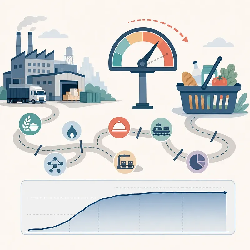 Inflation gauge between a factory and grocery basket, with supply chain routes and a rising chart