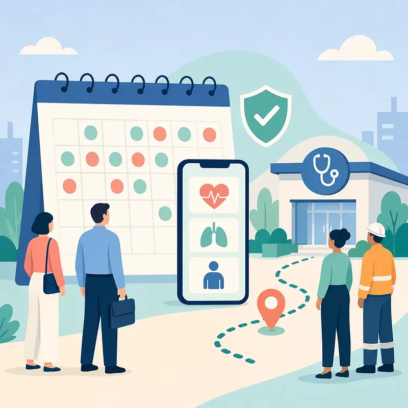 Personas consultando un calendario, una app de salud y la ruta a una clínica