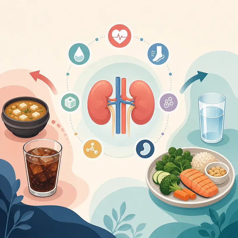 腎臓を中心に、みそ汁と炭酸飲料を減らし、水と健康的な食事を増やすイラスト