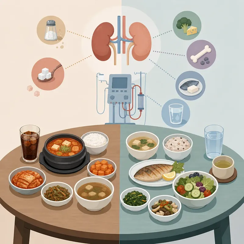 콩팥과 투석기 아래 짠 국·단 음료 식단과 생선·채소·물 식단을 대비한 그림