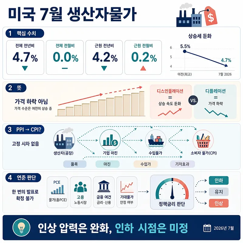 미국 2026년 7월 생산자물가 4.7%와 연준 금리 판단 요인을 정리한 인포그래픽