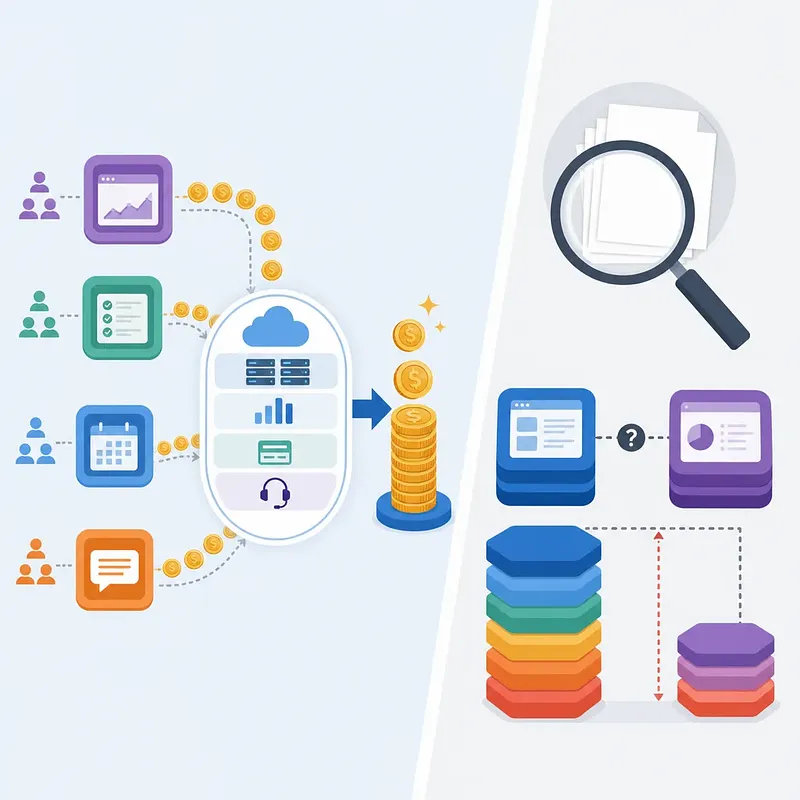 Illustration of software apps being consolidated and monetized alongside document review and product comparison