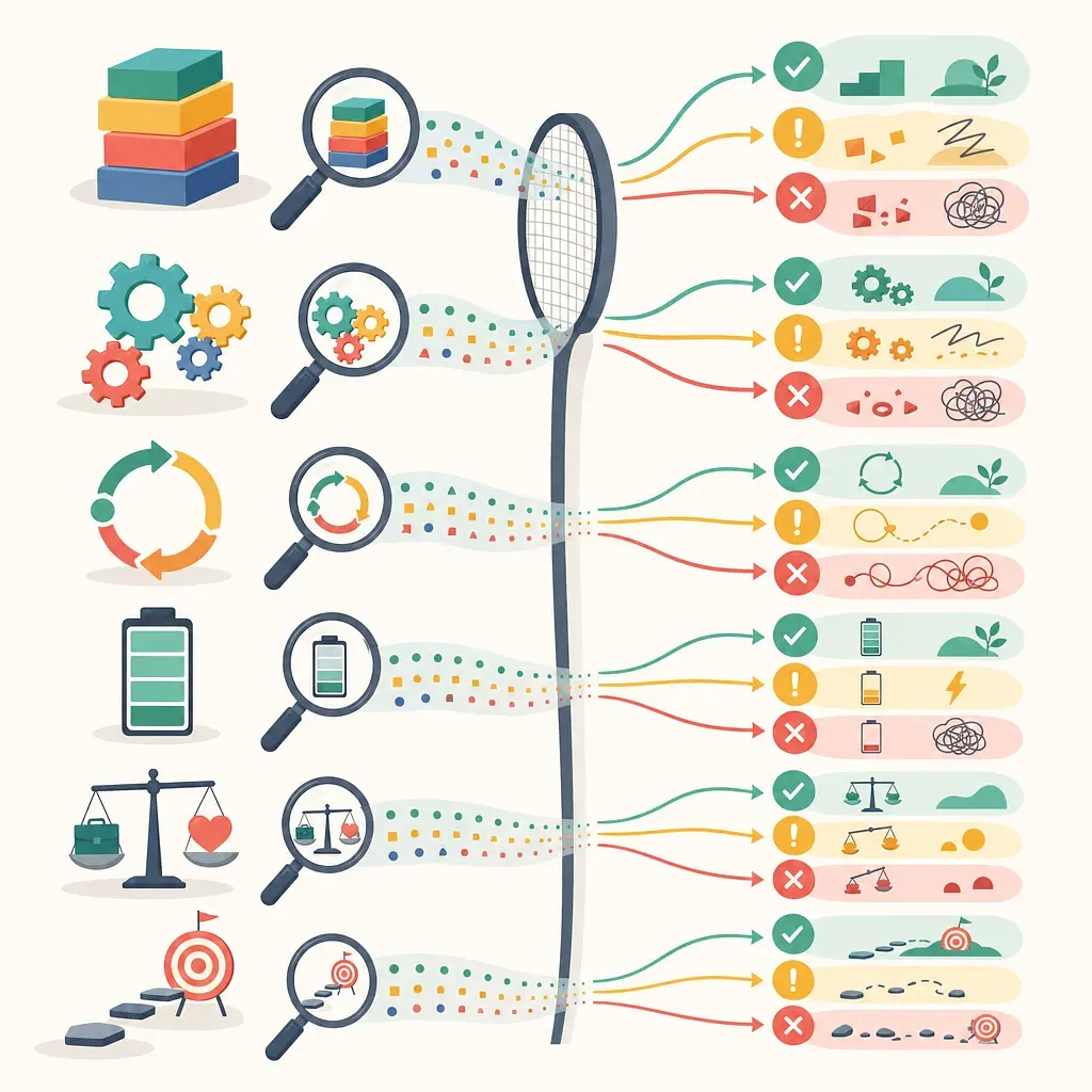 Infographic of success concepts passing through magnifiers and a filter into correct, caution, and error paths