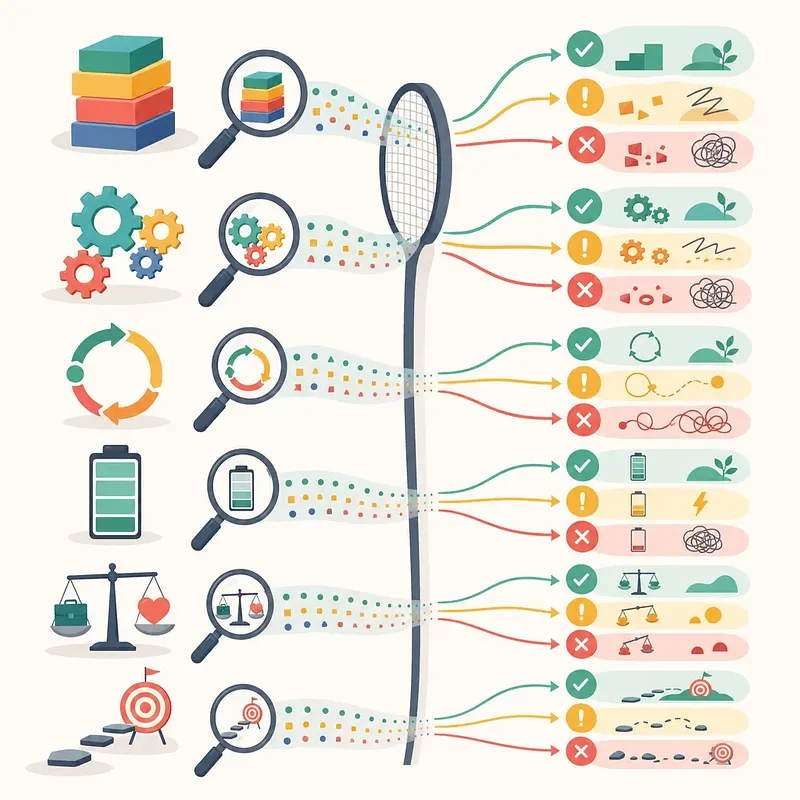 Infographic of success concepts passing through magnifiers and a filter into correct, caution, and error paths