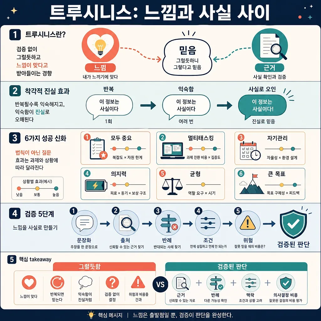 느낌과 근거, 착각적 진실 효과, 성공 신화, 검증 단계를 설명하는 트루시니스 인포그래픽