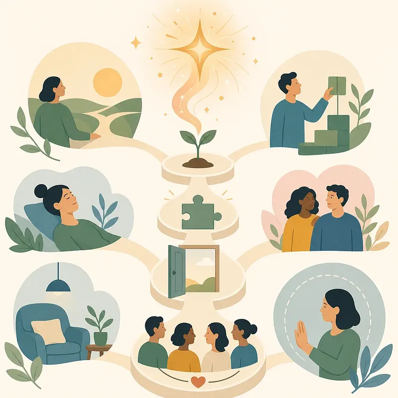 Ilustración de recuperación con un brote, escalones, descanso, vínculos y atención plena