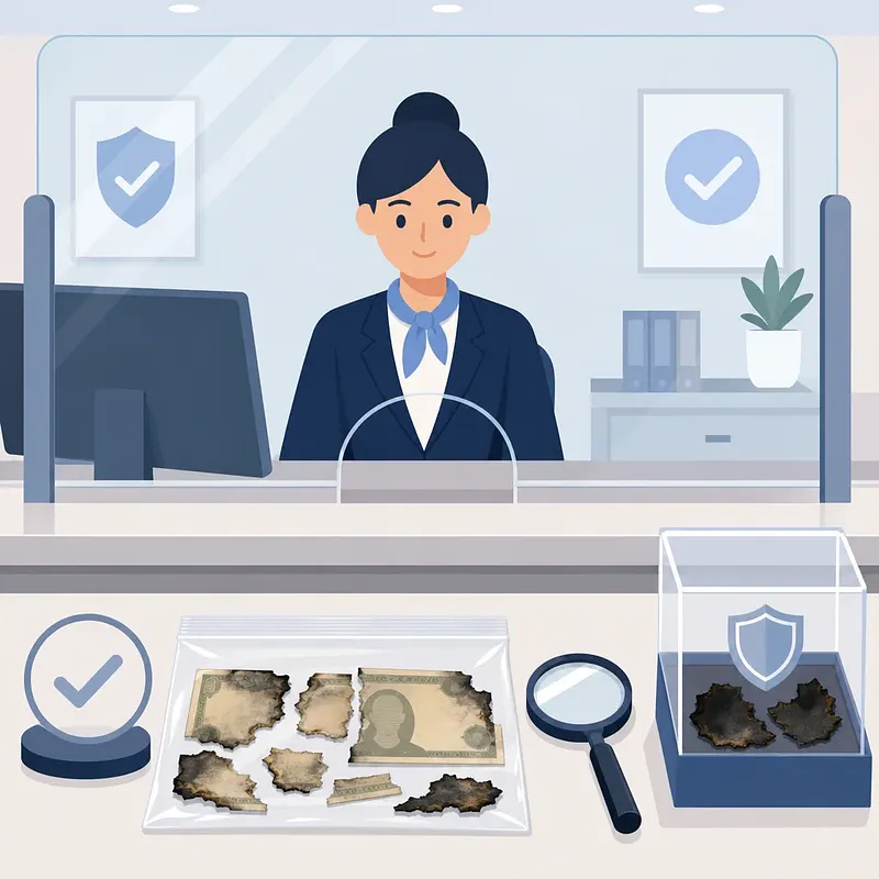 Bank counter with a teller examining burnt fragments of a damaged banknote