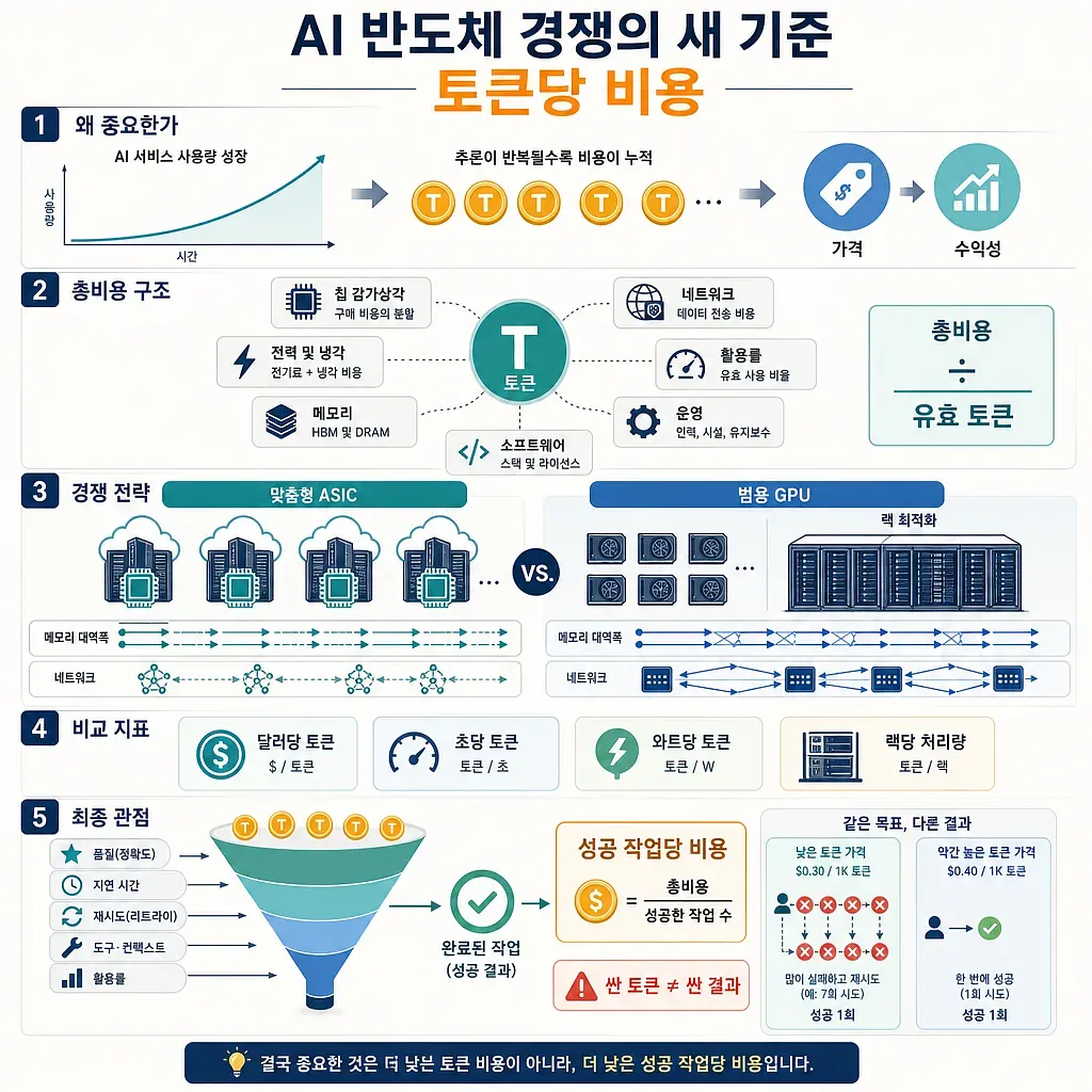 토큰당 비용의 구성, ASIC·GPU 전략, 비교 지표와 성공 작업당 비용을 설명하는 인포그래픽