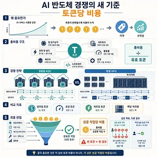 토큰당 비용의 구성, ASIC·GPU 전략, 비교 지표와 성공 작업당 비용을 설명하는 인포그래픽