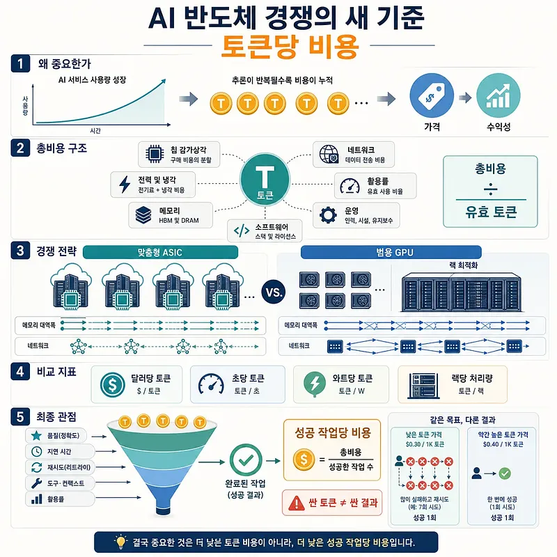토큰당 비용의 구성, ASIC·GPU 전략, 비교 지표와 성공 작업당 비용을 설명하는 인포그래픽
