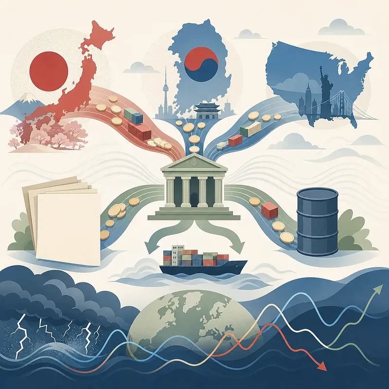 Illustration of Japan, South Korea and US maps with a central bank, trade ship, oil barrel and market curves