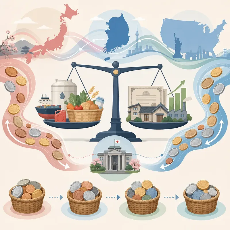Coins flow around maps of Japan, Korea and the US as a scale weighs trade goods and assets
