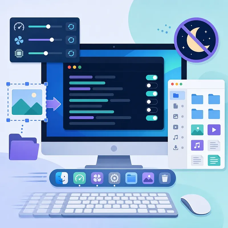 Ilustración de un escritorio macOS con paneles de ajustes y una ventana de archivos