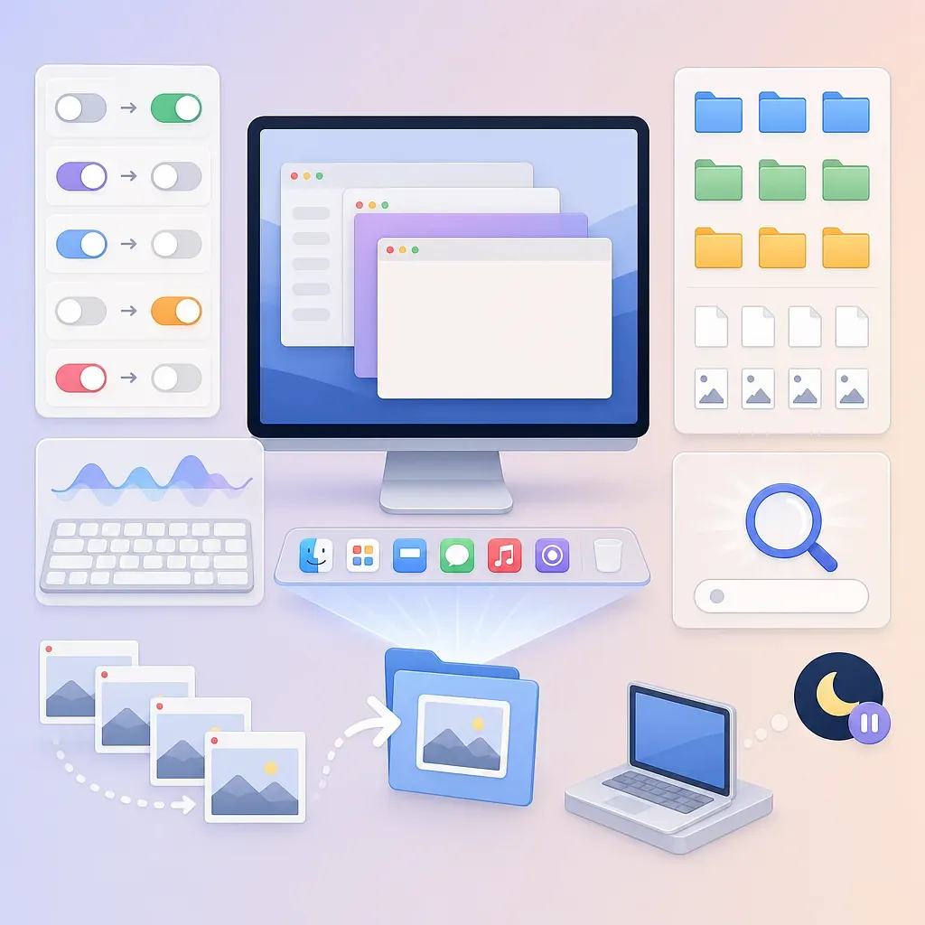 Mac de escritorio con ventanas superpuestas, interruptores, carpetas, búsqueda y teclado
