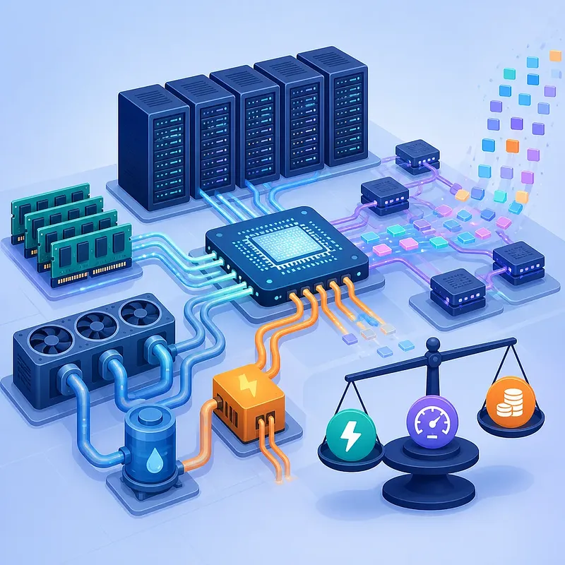 Chip de IA conectado a servidores, memoria, refrigeración y energía junto a una balanza de costes