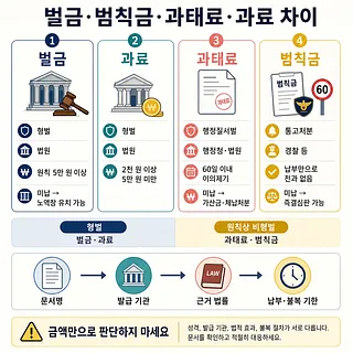 벌금·과료·과태료·범칙금의 형벌 여부, 발급 기관, 금액, 불복 절차를 비교한 인포그래픽