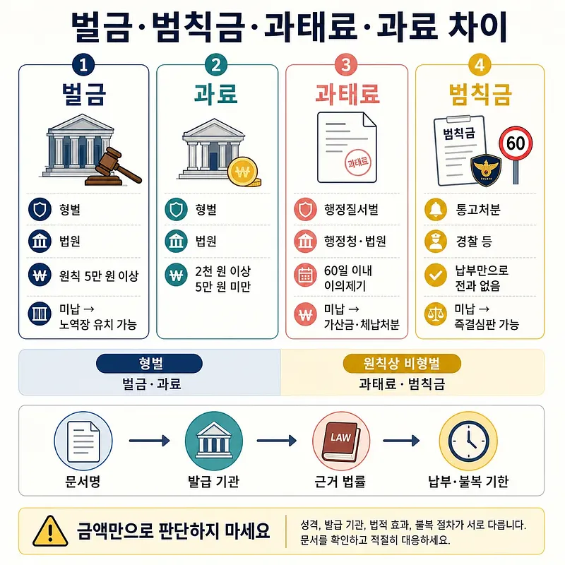 벌금·과료·과태료·범칙금의 형벌 여부, 발급 기관, 금액, 불복 절차를 비교한 인포그래픽